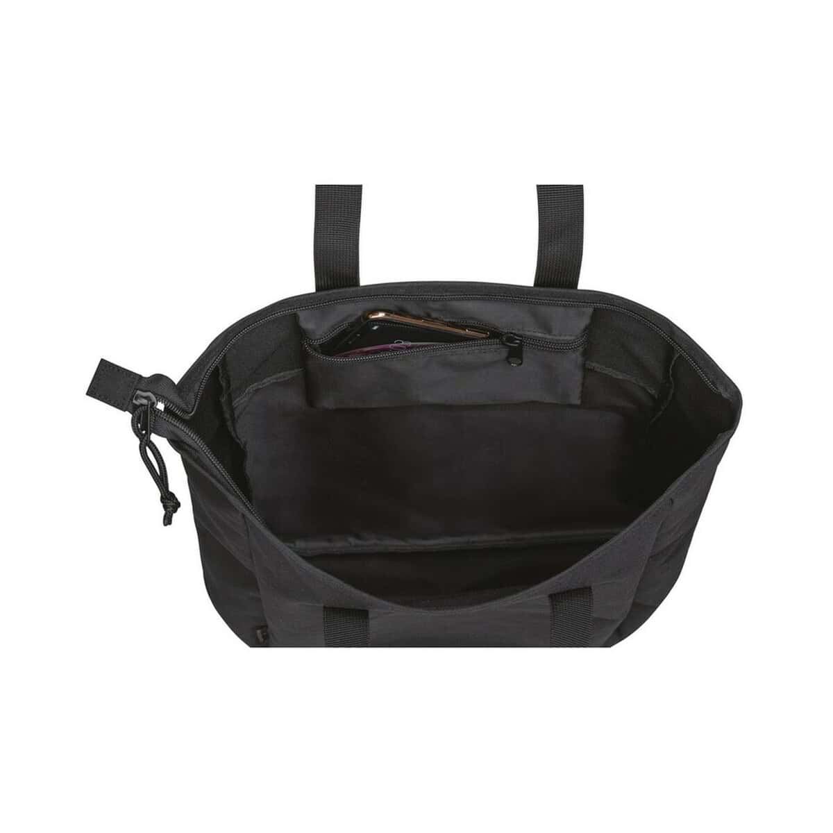 Torby na zakupy z logo – torba na zakupy renew aware™ rpet VR001-03_100804-001__B_4 Torebka zewnętrzna na laptopa z kieszenią na drobiazgi, czarna, funkcjonalna, reklama gadżetów reklamowych.