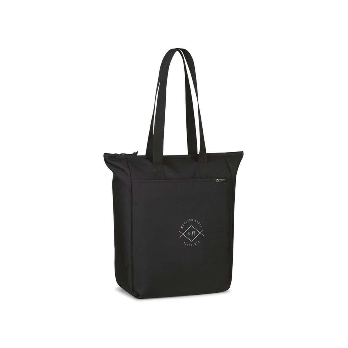 Torby na zakupy z logo – torba na zakupy renew aware™ rpet VR001-03_100804-001__D_100 Czarna torba na zakupy z logo, miejska torba na ramię, etui na dokumenty i laptop, personalizowane gadżety reklamowe, wytrzymała torba na co dzień.