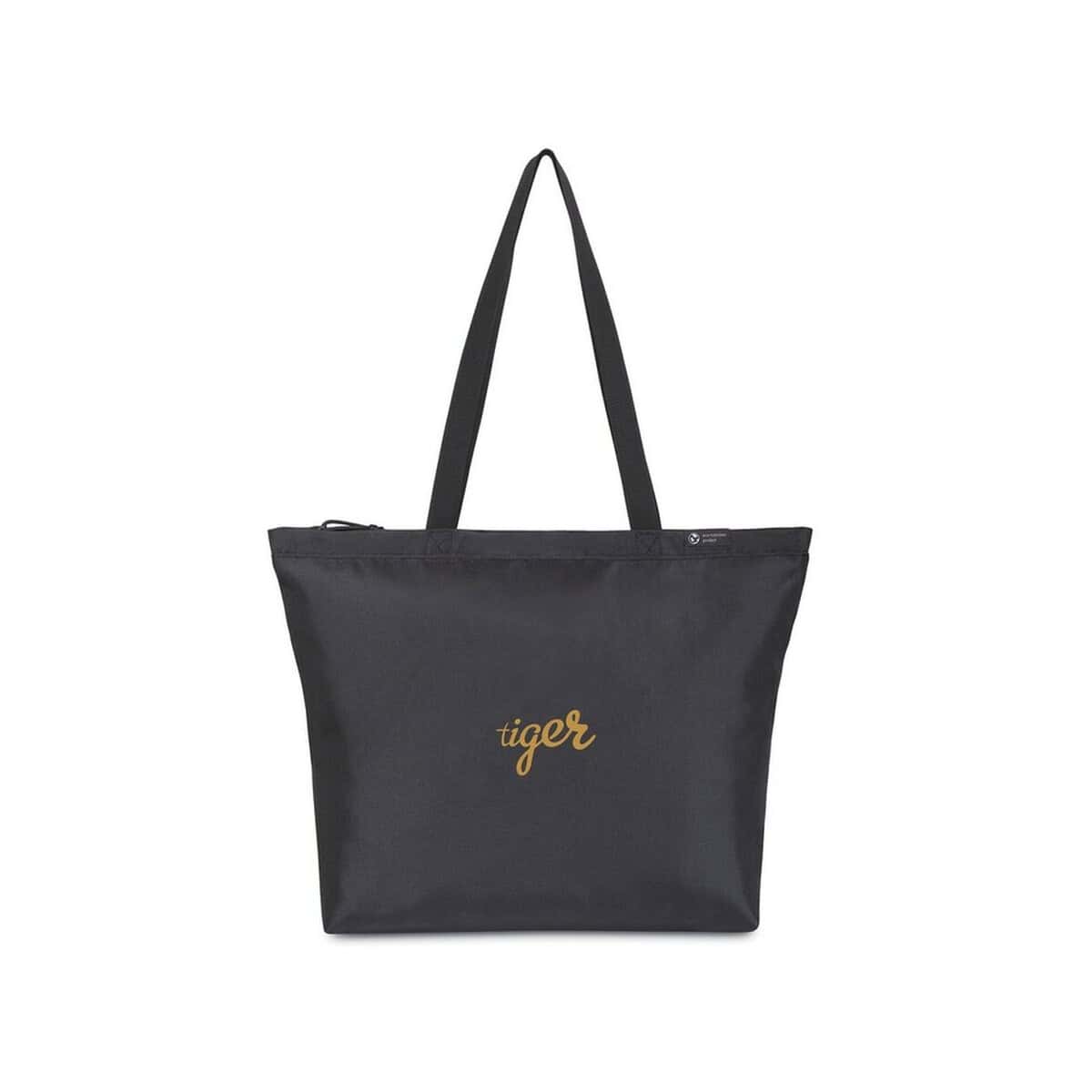 Torby na zakupy z logo – torba na zakupy renew aware™ rpet VR005-03_101036-001__D_100 Czarna torba na ramię z napisem tiger, gadżety promocyjne i firmowe.