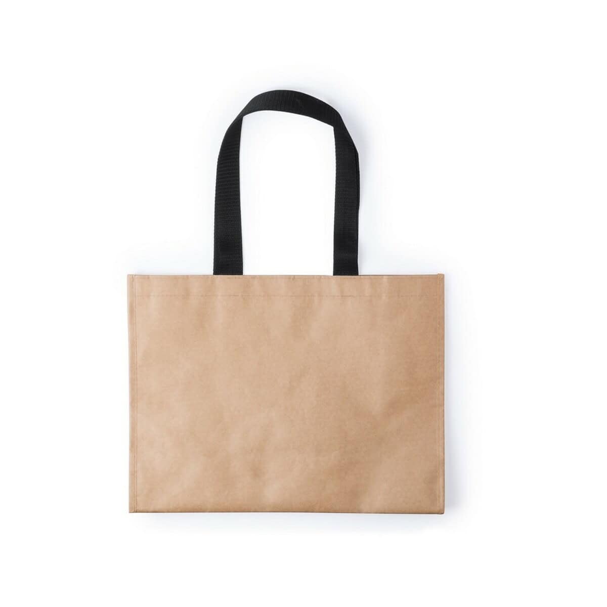 Torby papierowe z logo – torba papierowa na zakupy V0703-00_AAB01 Torba z naturalnego papieru z czarnymi uchwytami na gadżety reklamowe.