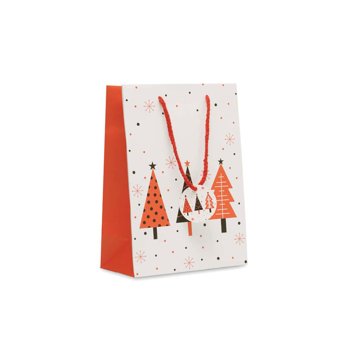Torby papierowe z logo – torba prezentowa średnia bossa medium cx1562-06 Torebka prezentowa świąteczna z wzorem choinek i śnieżynek, idealna na prezenty bożonarodzeniowe.