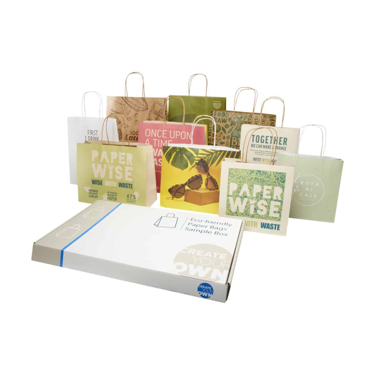 Skrzynka na ekologiczne torby papierowe z próbkami, odpowiednia do gadżetów promocyjnych.