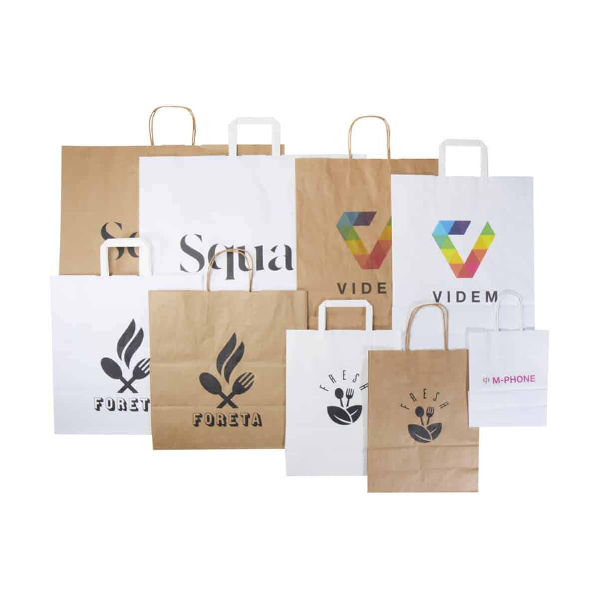 Torby papierowe z logo – zestaw próbek z torbami z papieru kraft 1pw00501_e2 Papierowe torby z nadrukiem logo i grafiką, akcesoria promocyjne, gadżety firmowe, torby na prezent, personalizowane torby reklamowe.