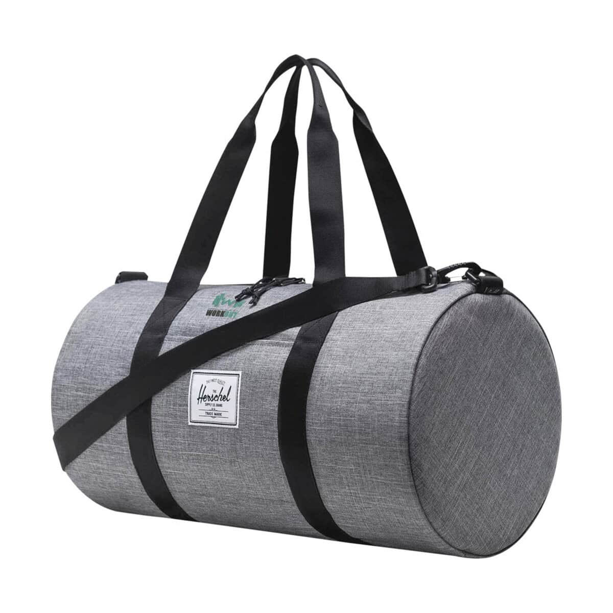 Torby sportowe z logo – herschel classic™ torba sportowa z materiałów z recyklingu o pojemności 27 l 12075480_eb_y1 Szara torba sportowa typu worek z czarnymi paskami i logo Herschel.