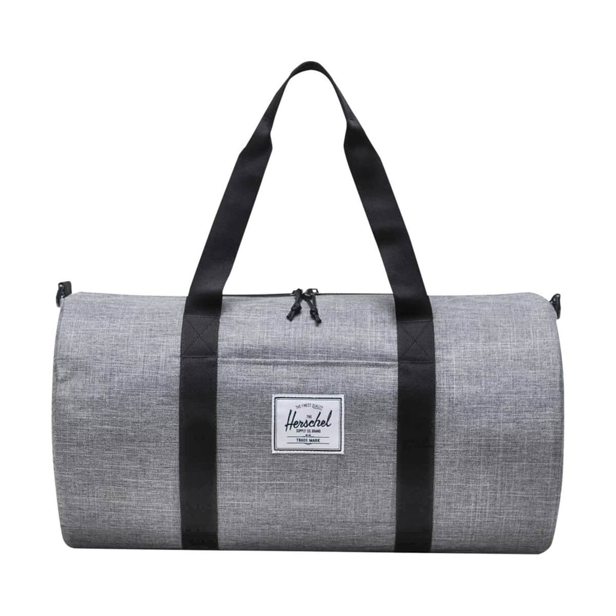Torby sportowe z logo – herschel classic™ torba sportowa z materiałów z recyklingu o pojemności 27 l 12075480_f1 Przesz cóż sportowa torba podróżna na fitness z szarą tkaniną i czarnymi paskami, idealna na siłownię.