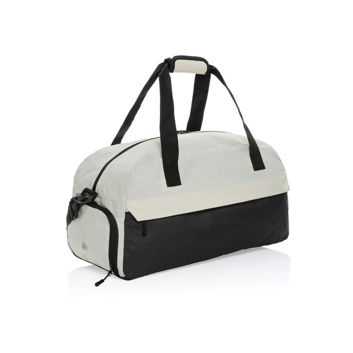 Torby sportowe z logo – torba sportowa, podróżna aware™ kazu, rpet P707.203__B_1 Przenośna torba sportowa z czarnym i białym designem, idealna na trening lub podróż.