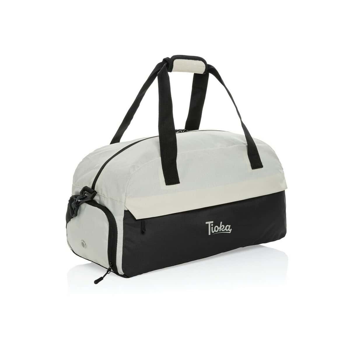 Torby sportowe z logo – torba sportowa, podróżna aware™ kazu, rpet P707.203__D_100 1. Torba sportowa czarno-biała, idealna na siłownię i podróże, z dużą przestrzenią do przechowywania.