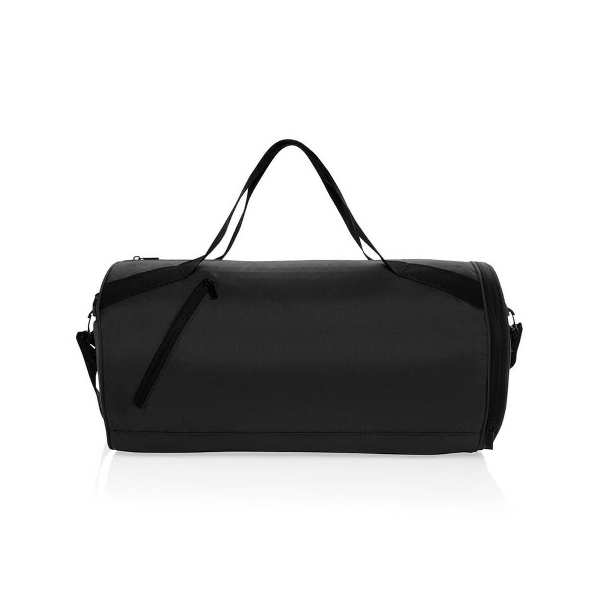 Torby sportowe z logo – torba sportowa, podróżna aware™ rpet P707.2501__B_2 Czarna torba sportowa na siłownię z kieszenią na zamek.