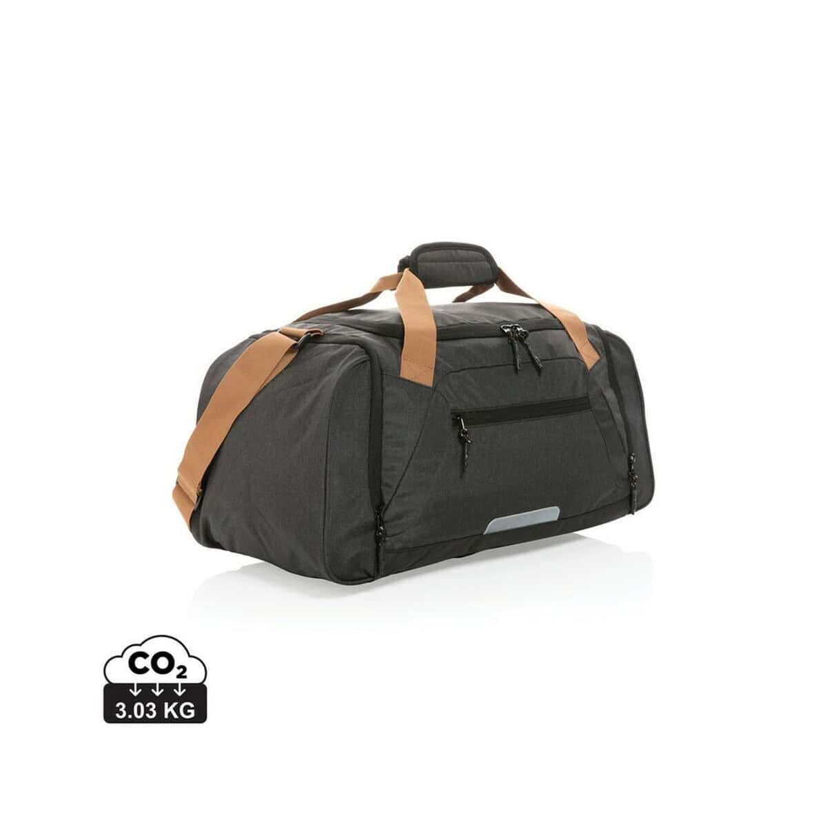 Przedmiot podróżny, duża torba na sport i wycieczki, czarna z brązowymi paskami.