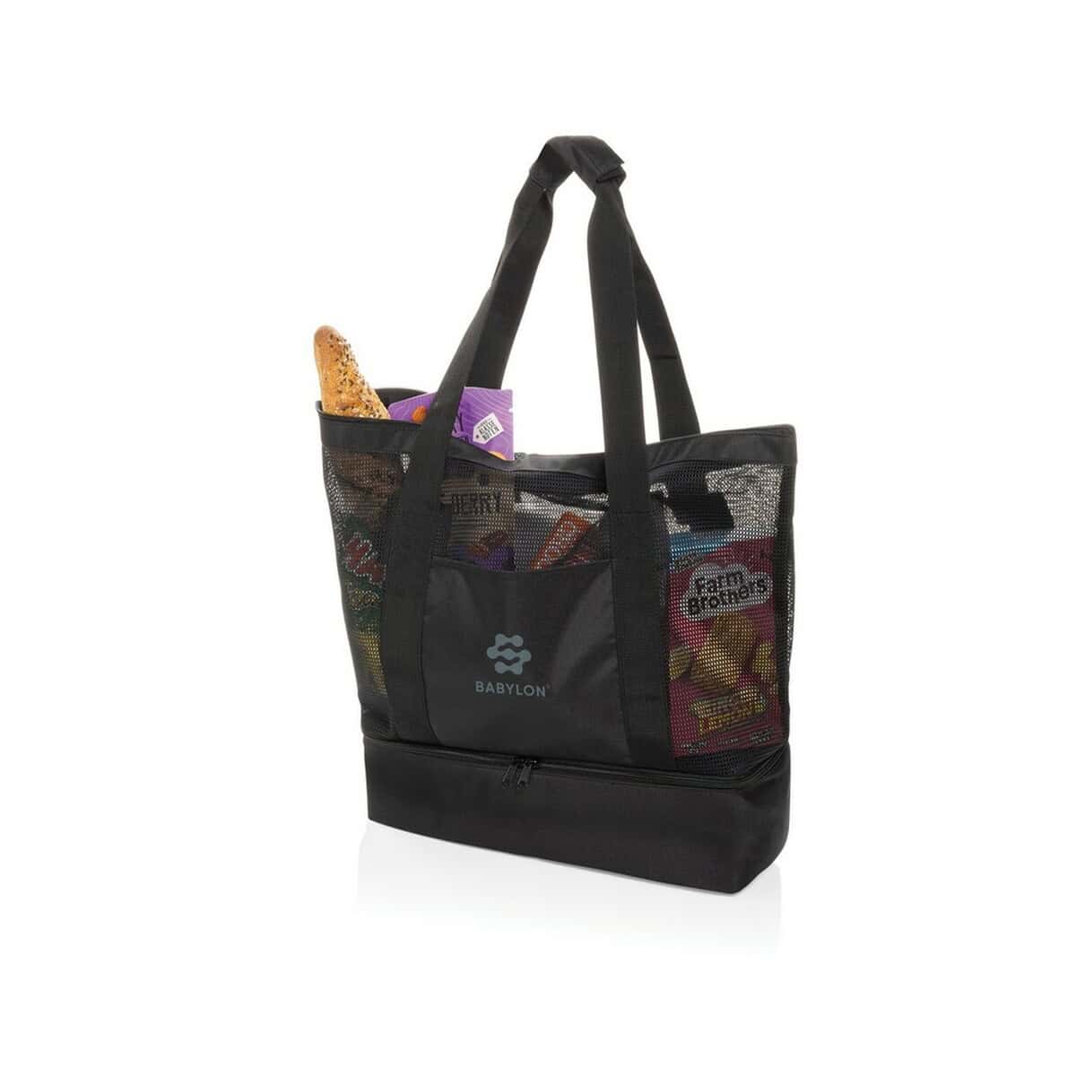 Torby termiczne z logo – torba plażowa, na zakupy, torba termoizolacyjna aware™ rpet P422.4901__D_100 Praktyczna torba na zakupy z nadrukiem Babyloni i siateczkowymi kieszeniami. Idealna do promocji i gadżetów reklamowych.