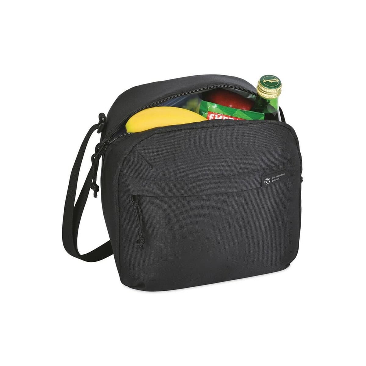 Torby termiczne z logo – torba termoizolacyjna renew aware™ rpet VR004-03_101032-001__B_2 Ekologia torba na lunch z przegrodami na jedzenie i napoje, czarna, z nadrukiem, na co dzień i do pracy.