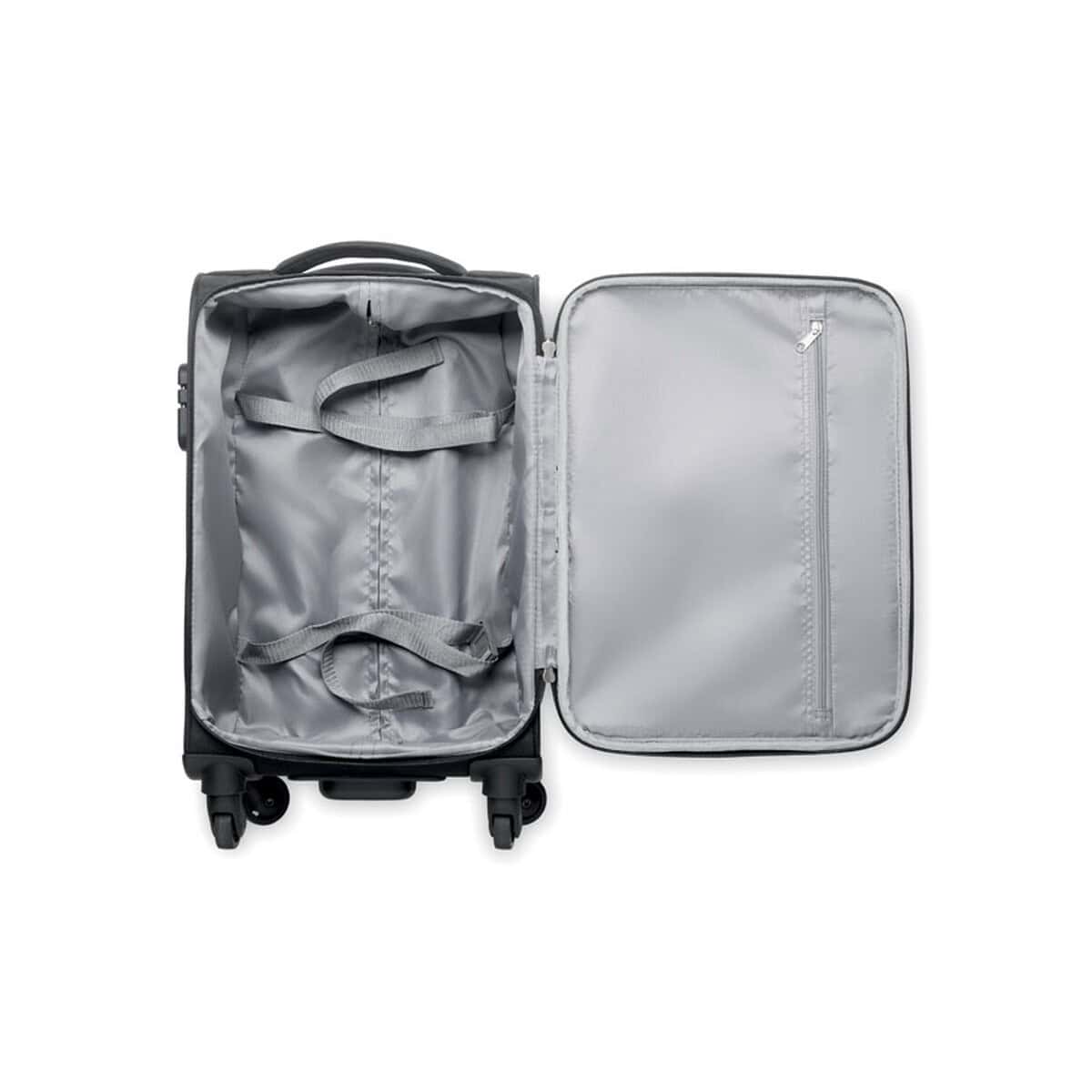 Walizki z logo – walizka miękka 600d rpet voyage mo6807-03-open Przedmiot podróżny na bagażu z suwakami i uszami do przenoszenia, czarny i szary.