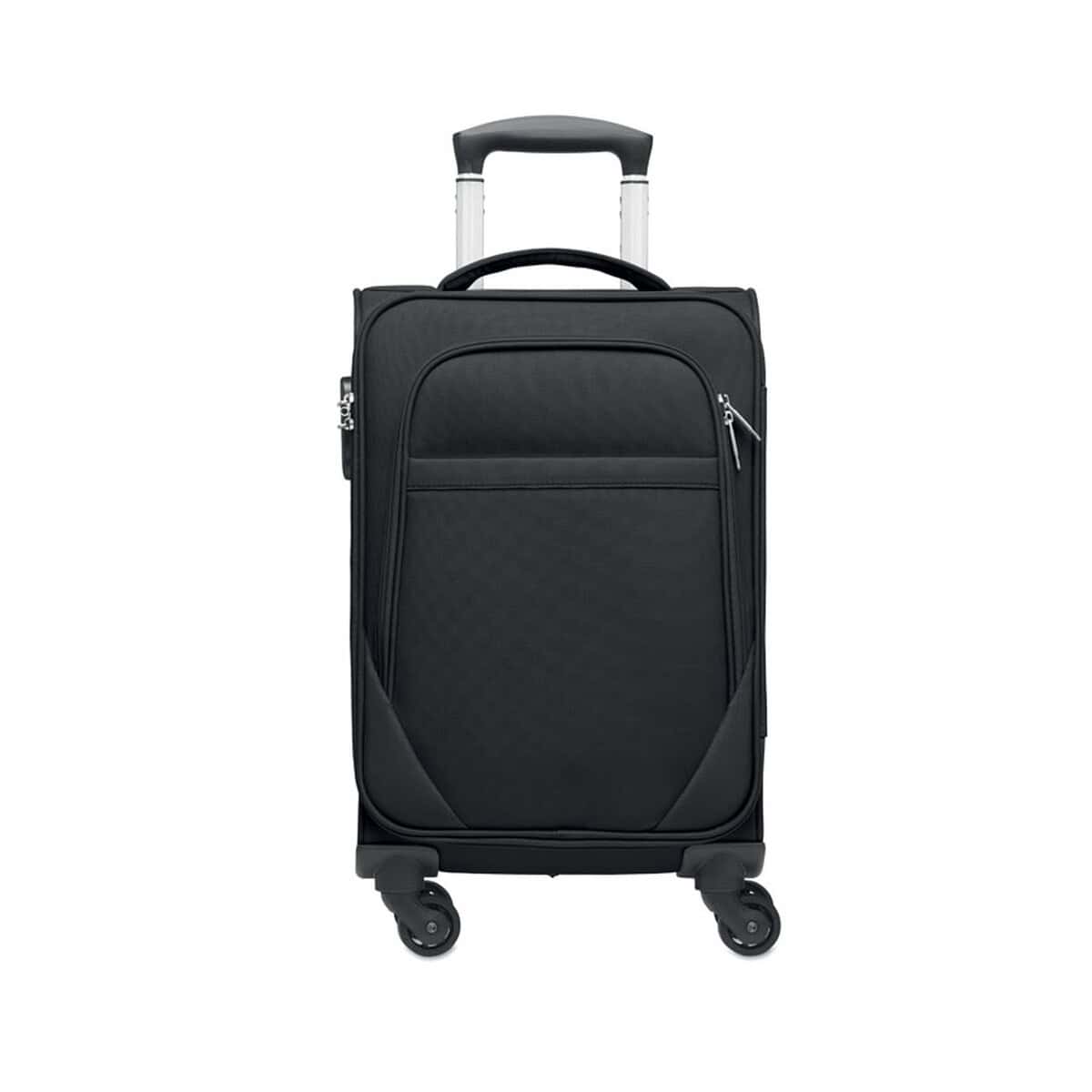 Walizki z logo – walizka miękka 600d rpet voyage mo6807-03-side Czarna walizka na kółkach z compartmentami na podróż, gadżet podróżniczy, idealna na bagaż podręczny.