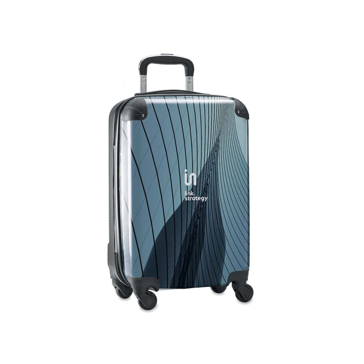 Walizki z logo – walizka z abs i pc z grafiką pickme mo6808-03-print Walizka kabinowa z grafiką linii i logo Link Strategy, idealna na podróże służbowe i prywatne.