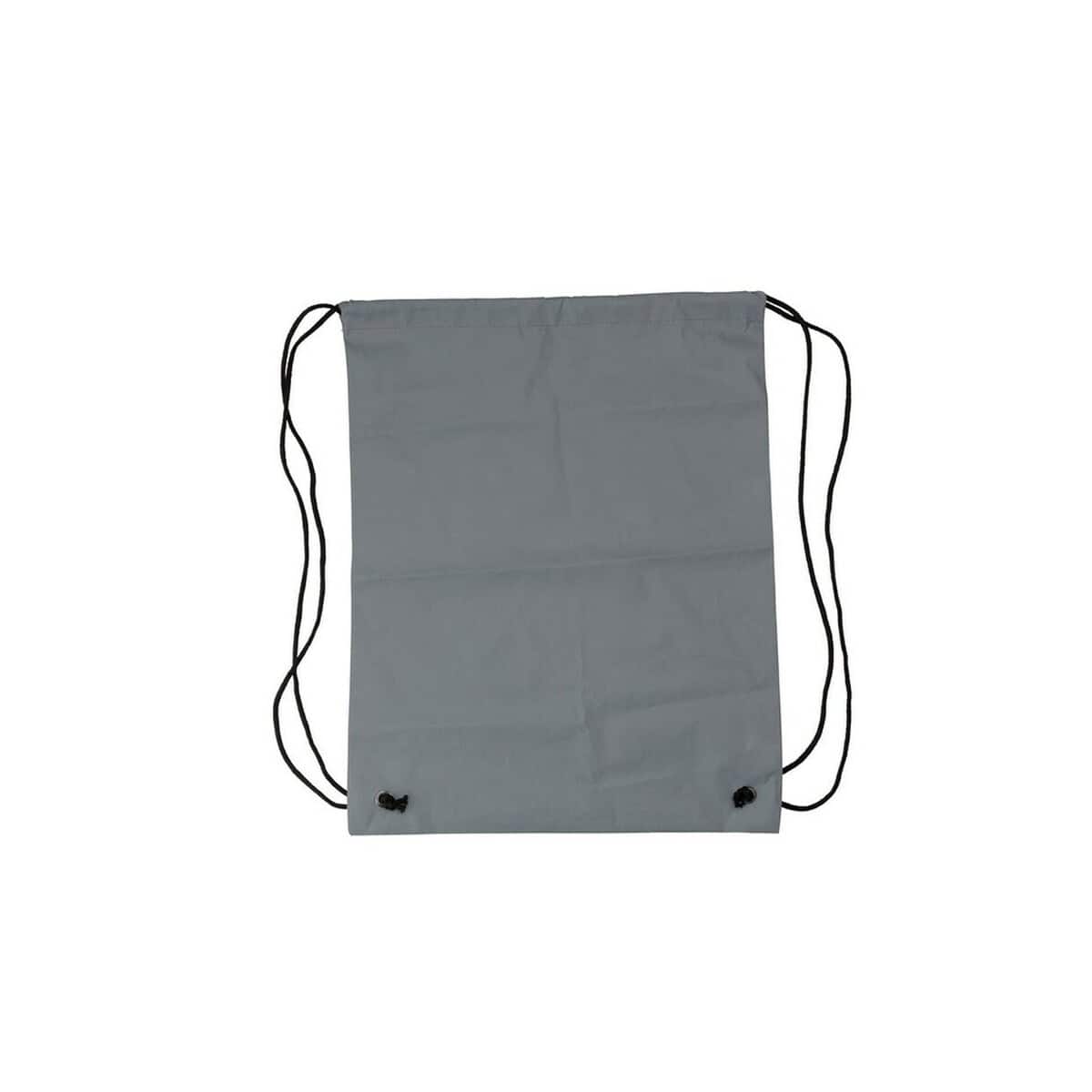 Workoplecaki z logo – worek ze sznurkiem, połyskliwy materiał V0958-19_IBK01 1. Torba na sznurek szara, idealna na gadżety i akcesoria promocyjne.