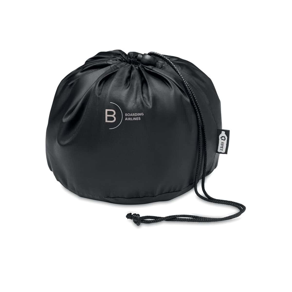 Zagłówki z logo – poduszka podróżna z rpet bantal mo6709-15-print Black drawstring bag z logo firmy Gadzety, organizer na podróż lub na sport.