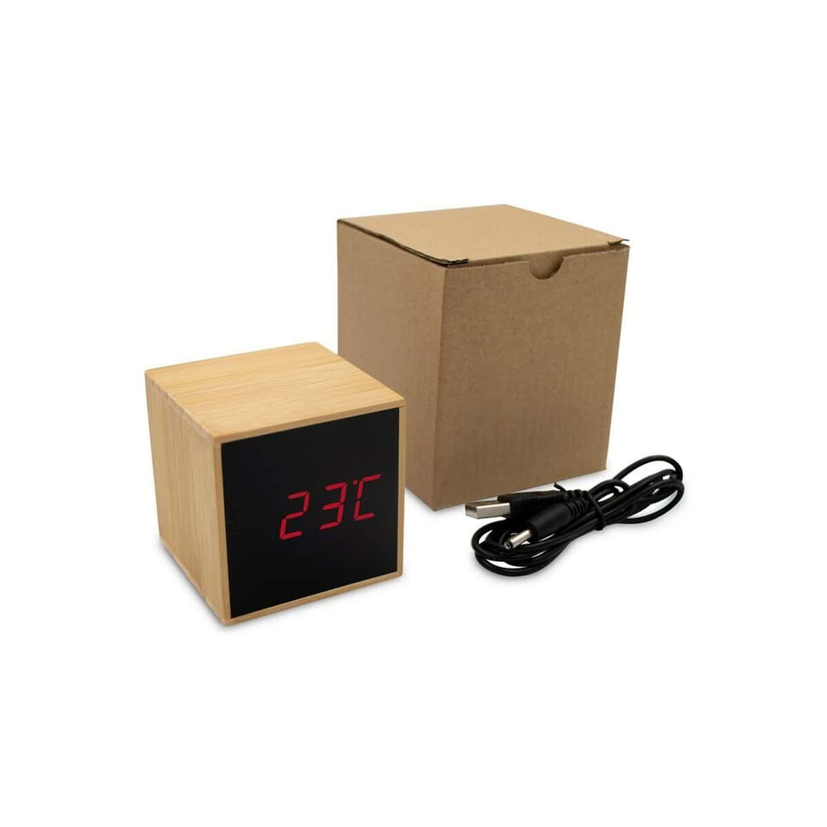 Zegary z logo – bambusowy zegar na biurko z alarmem | katherine V0193-17_AAA03 Elektryczny zegar z termometrem na USB, drewniana obudowa, nowoczesny gadżet biurowy i pomiar temperatury.