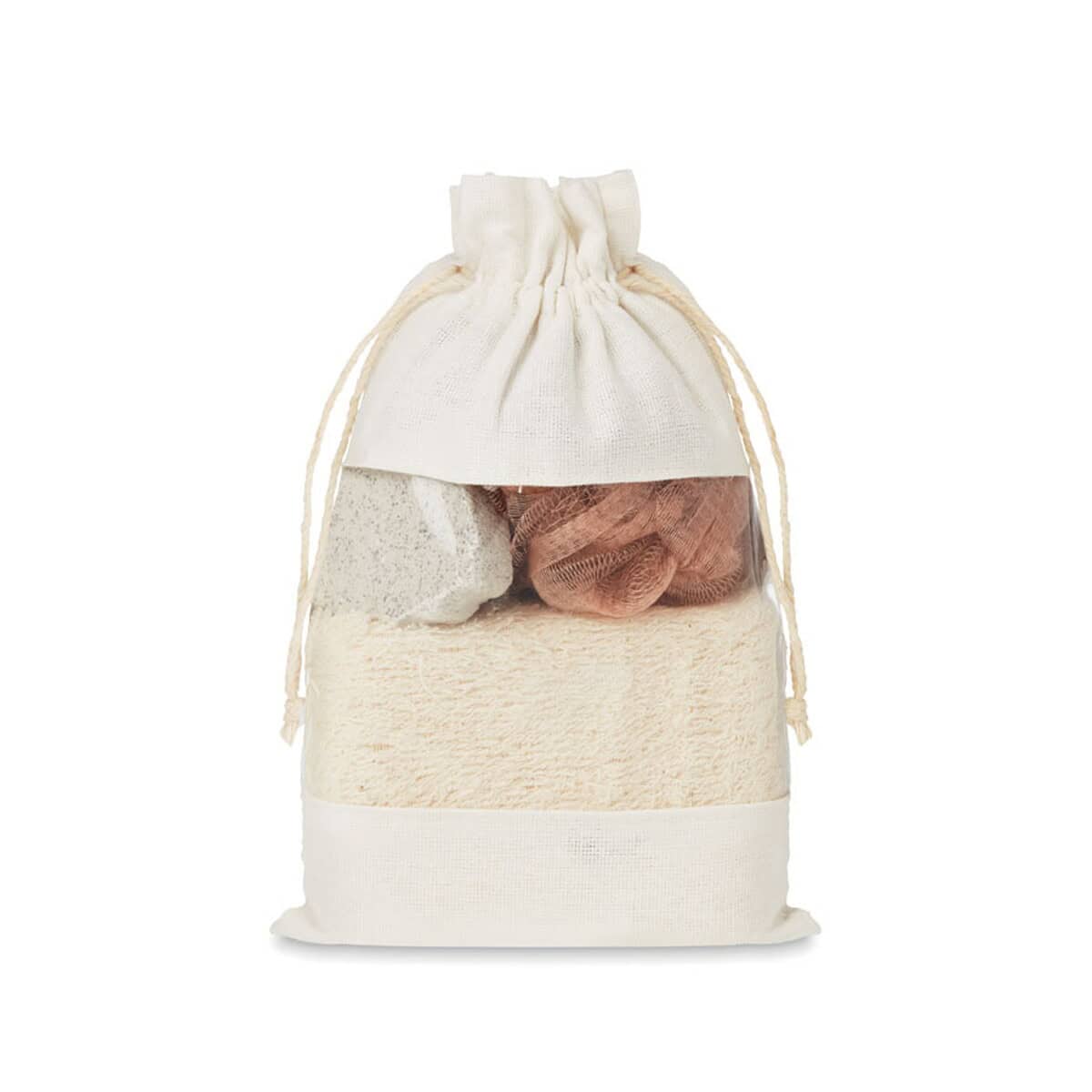 Zestawy kąpielowe z logo – zestaw kąpielowy w etui cuida set mo9872-13 Naturalne gadżety do domu w bawełnianym woreczku, idealne na prezent.