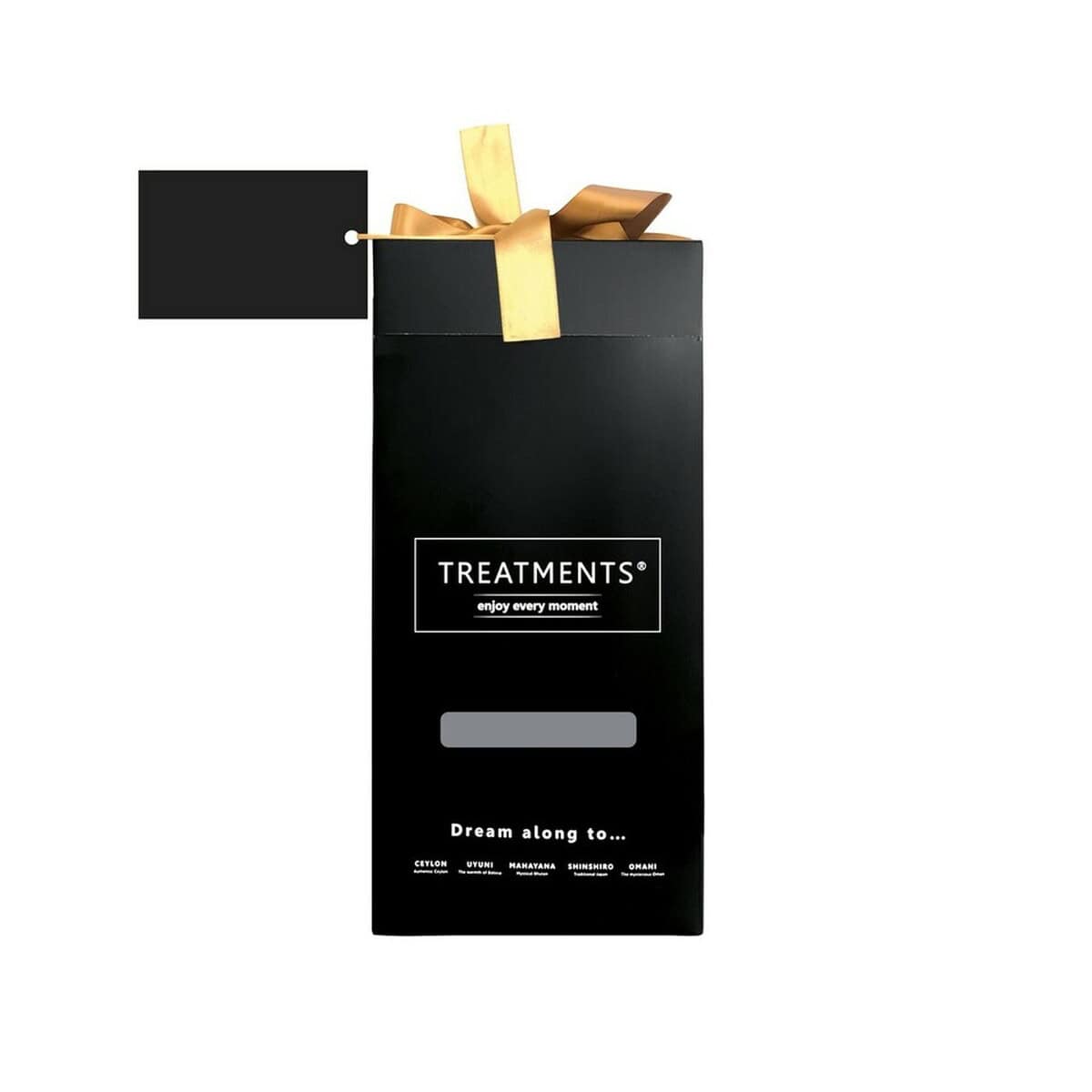 Zestawy kąpielowe z logo – zestaw prezentowy home & body deluxe treatments VTR05-08_ILG03 Czarna elegancka butelka z złotą wstążką i etykietą, gadżety reklamowe, gadżety firmowe, upominki korporacyjne.