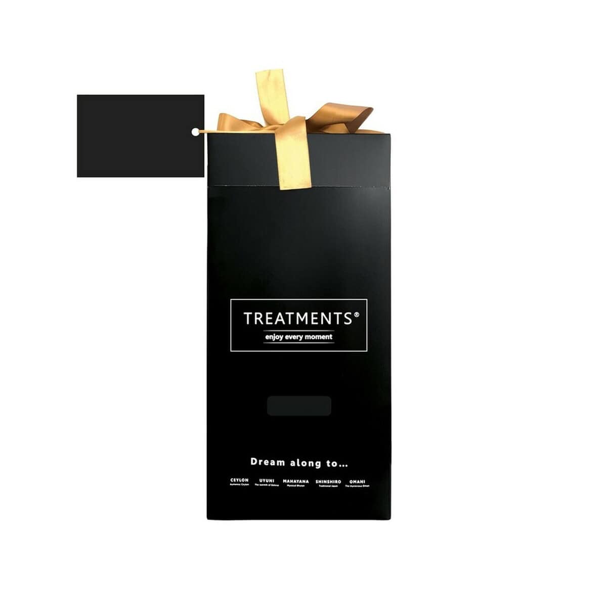 Zestawy kąpielowe z logo – zestaw prezentowy home & body deluxe treatments VTR05-08_ILG05 Czarna elegancka butelka z złotą wstążką i etykietą TREATMENTS, luksusowe gadżety promocyjne.