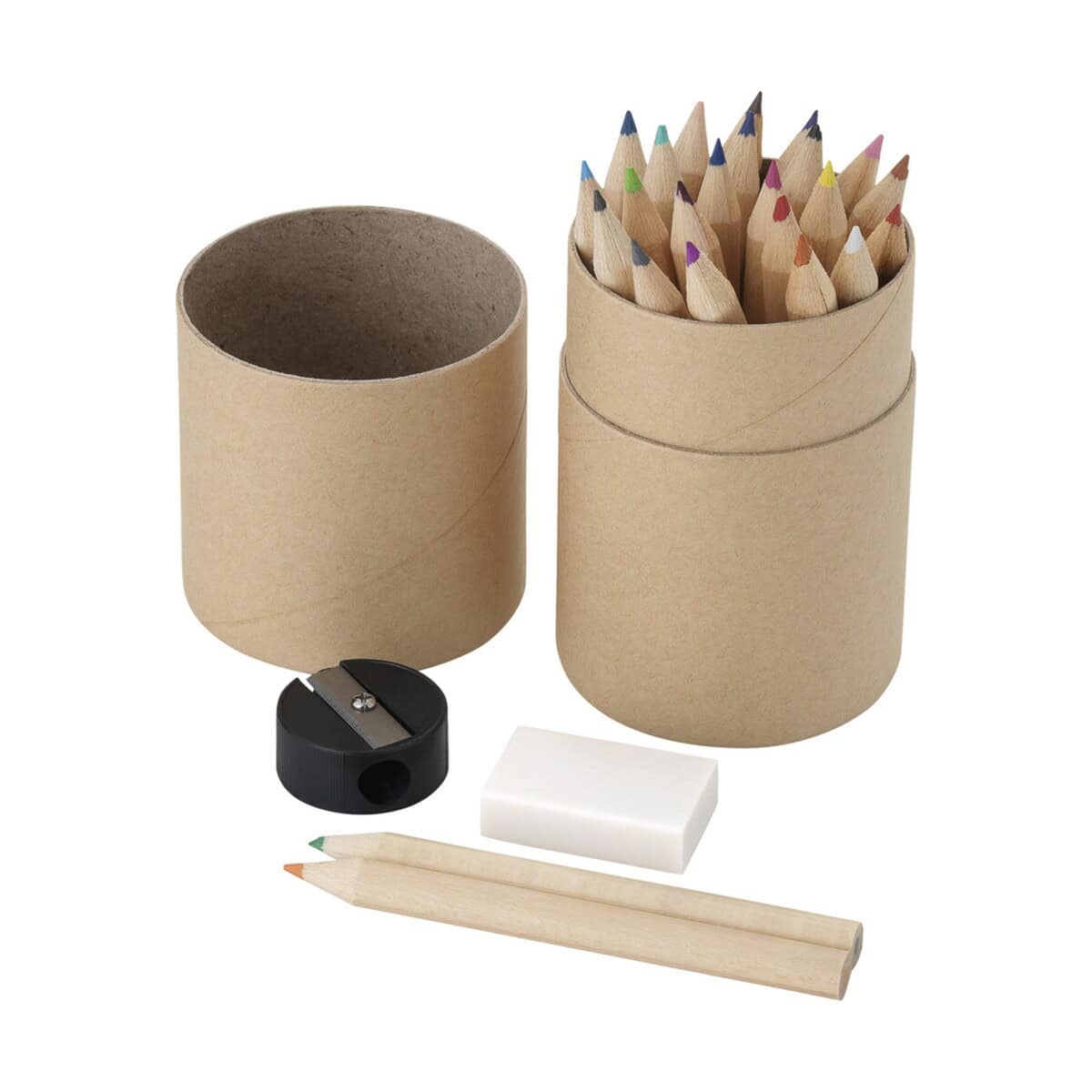 Kolorowe kredki w papierowym opakowaniu, idealne gadżety szkolne i biurowe.