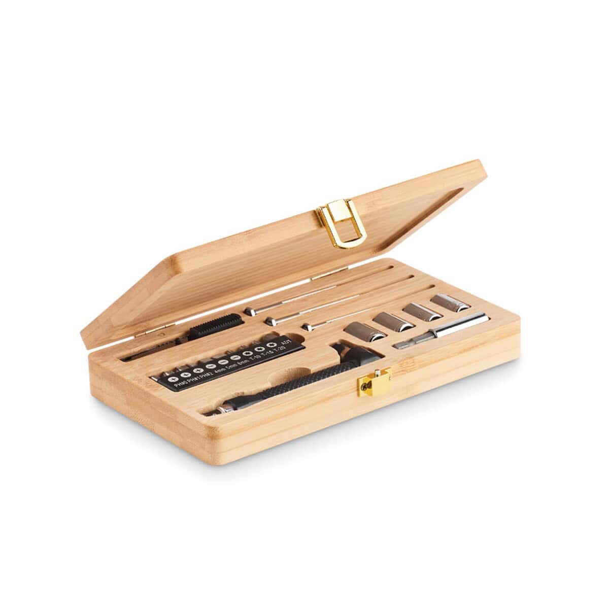 Zestaw narzędzi do naprawy i konserwacji mebli w eleganckim drewnianym case.