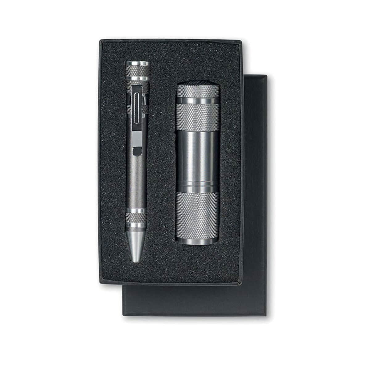 Zestawy narzędzi z logo – zestaw 2 narzędzi combitool mo8559-18-side Elegancki zestaw długopis i latarka w prezentowym pudełku, idealny na upominek firmowy.