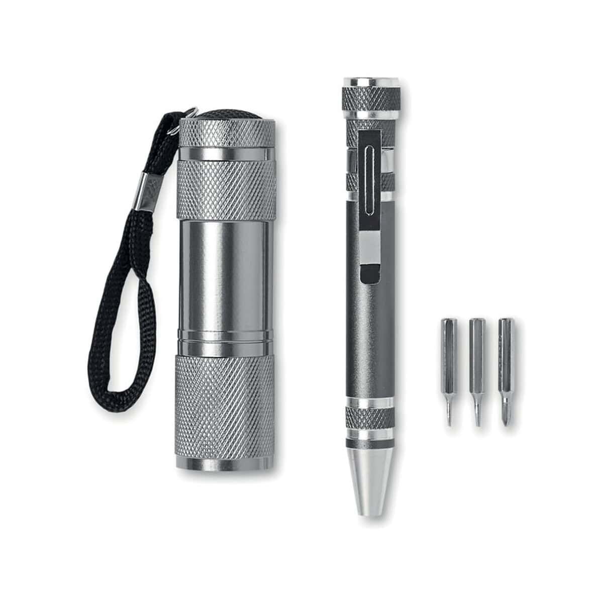 Zestawy narzędzi z logo – zestaw 2 narzędzi combitool mo8559-18a Broń laserowa z wymiennymi końcówkami i brelokiem, idealna na gadżety promocyjne i prezent.