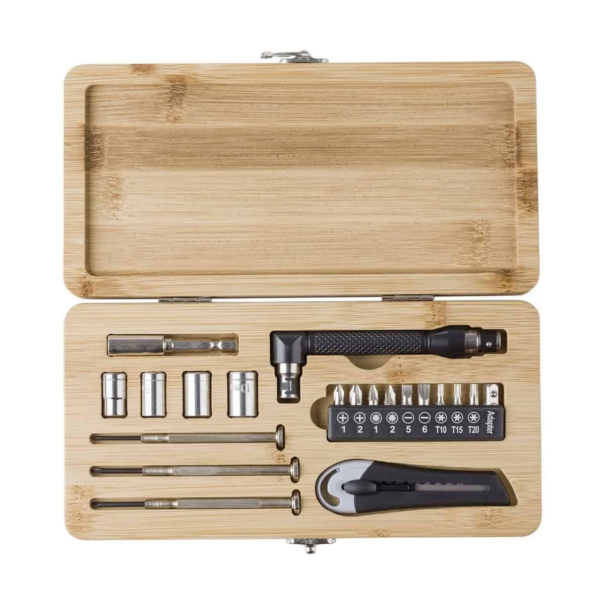 Zestawy narzędzi z logo – zestaw narzędzi 27 el. V0040-16_AAA02 Prezent do naprawy rowerów, zestaw narzędzi w drewnianym pudełku.