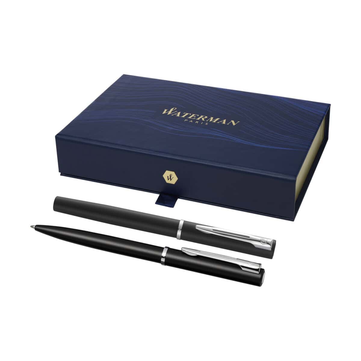 Elegancki zestaw długopisów w pudełku WATERMAN PARIS, idealny na prezent i do biura.