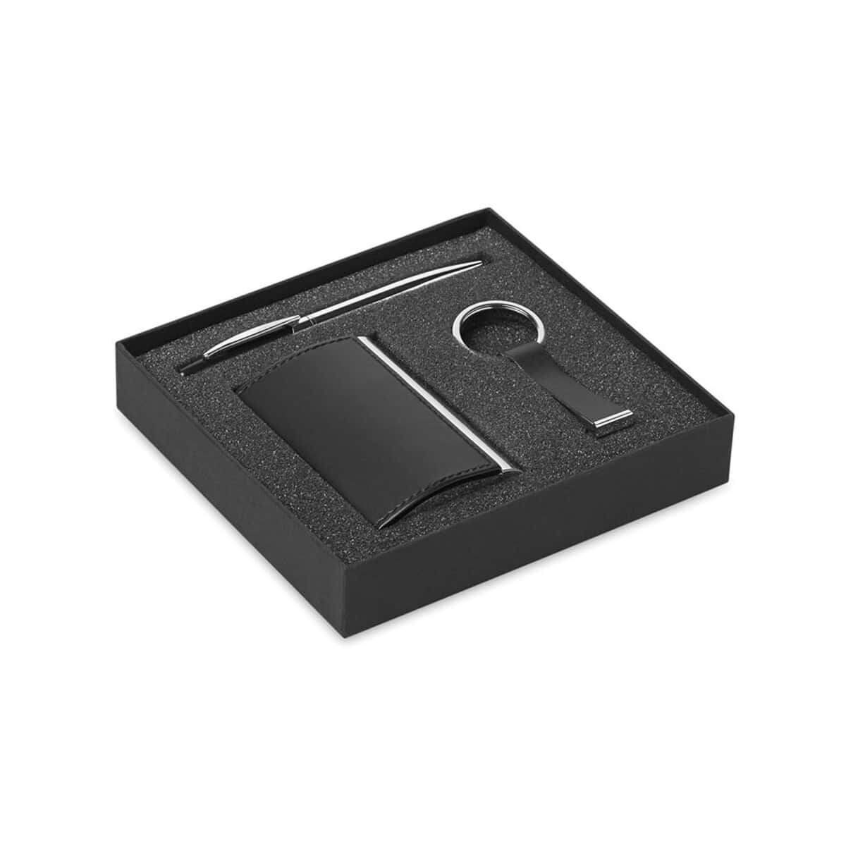 Elegancki zestaw grawertonów z metalowym długopisem, portfelem i breloczkiem w czarnym etui na prezent.
