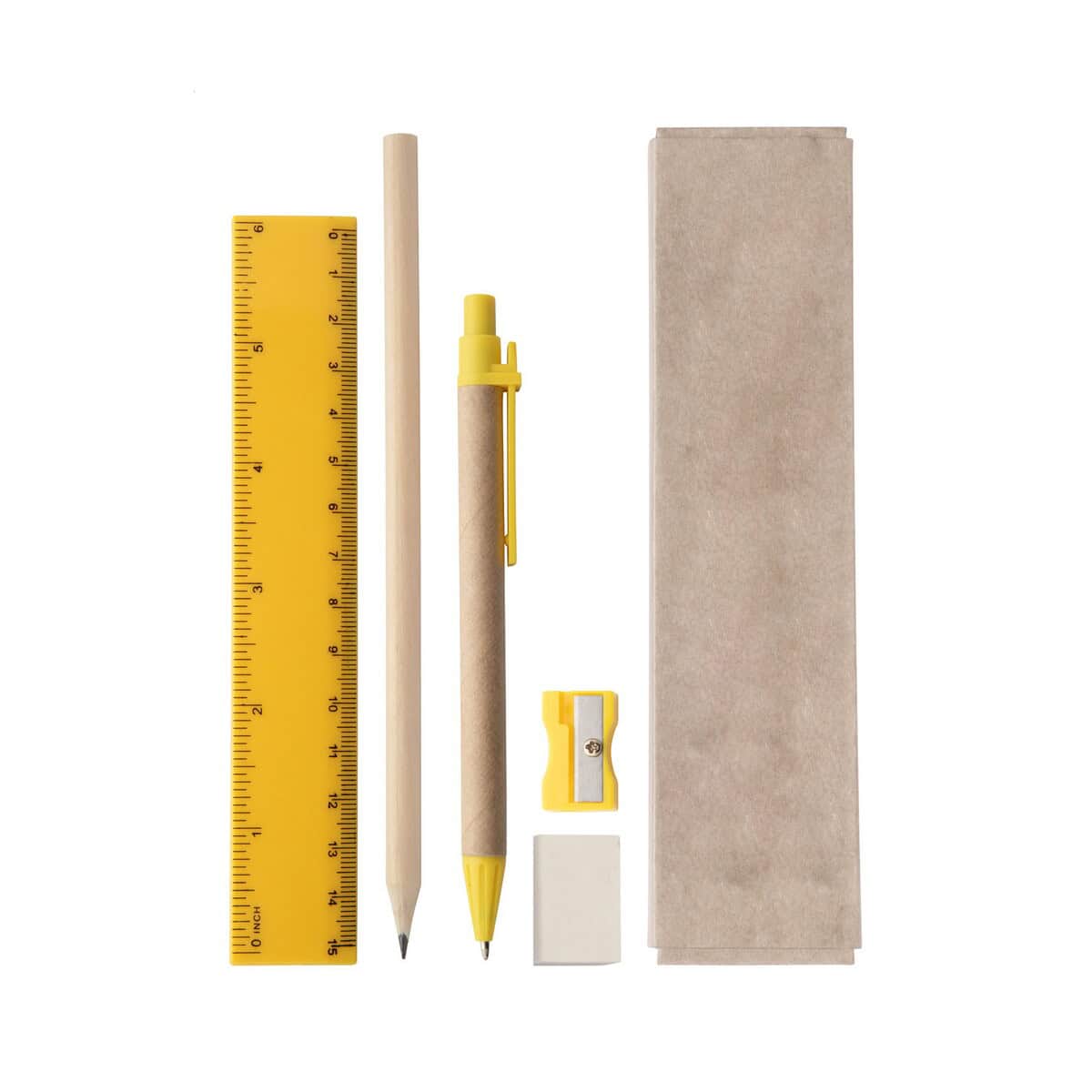 Zestawy piśmiennicze z logo – monoli zestaw piśmienniczy AP781759-02 1. Notatnik z długopisem i linijką w żółto-beżowej kolorystyce.