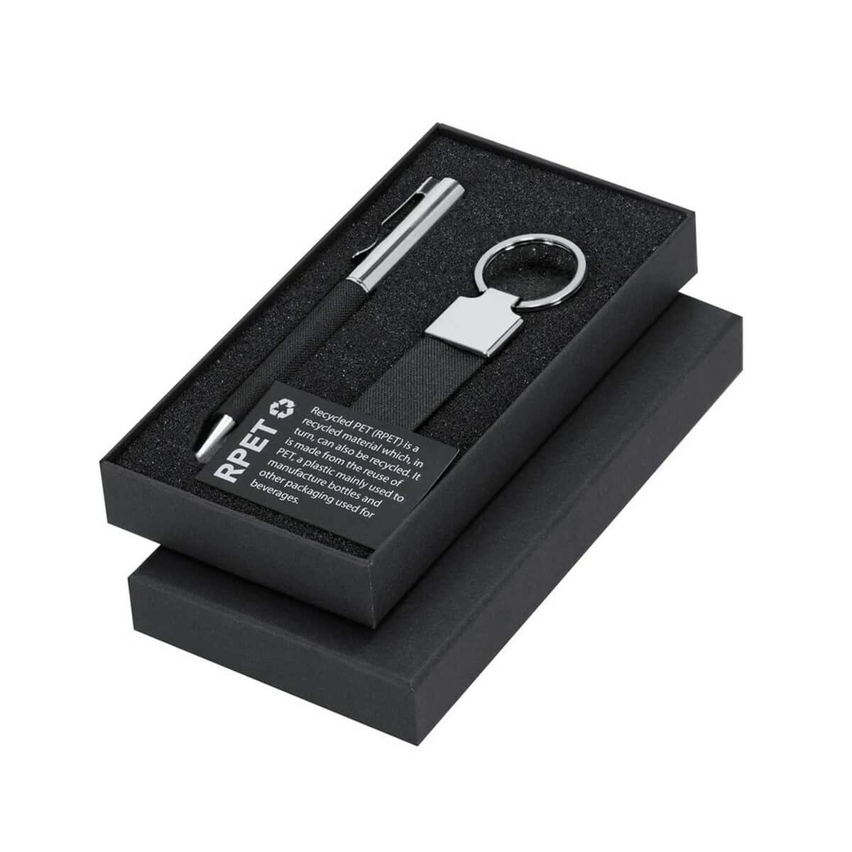 Metalowy zestaw upominkowy z długopisem i brelokiem w eleganckim pudełku, idealny na prezent.