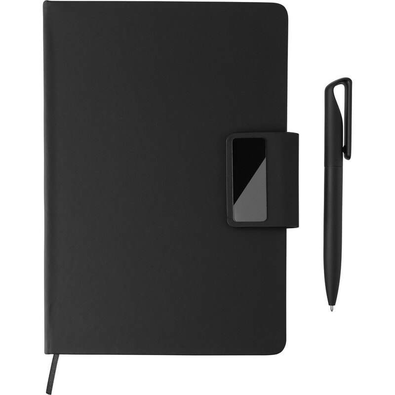 Zestawy piśmiennicze z logo – zestaw upominkowy, długopis, notatnik VA587-03_AAB01 Czarny notes z logo i długopisem, gadżety promocyjne, prezent dla firm, akcesoria biurowe.