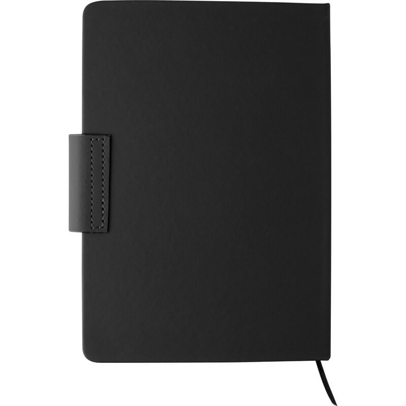 Zestawy piśmiennicze z logo – zestaw upominkowy, długopis, notatnik VA587-03_IBK01 Notes: The image shows a black notebook with a pen holder, likely used as a promotional gift or gadget.