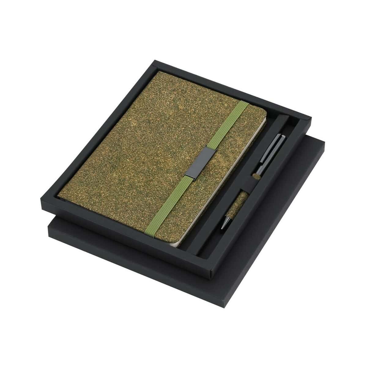 Zestawy piśmiennicze z logo – zestaw upominkowy, notatnik ok. a5, długopis, pudełko podarunkowe VA392-06_AAA01 Notesz z okładką w złotym zdobieniu, do biura lub na prezent, z długopisem i etui.