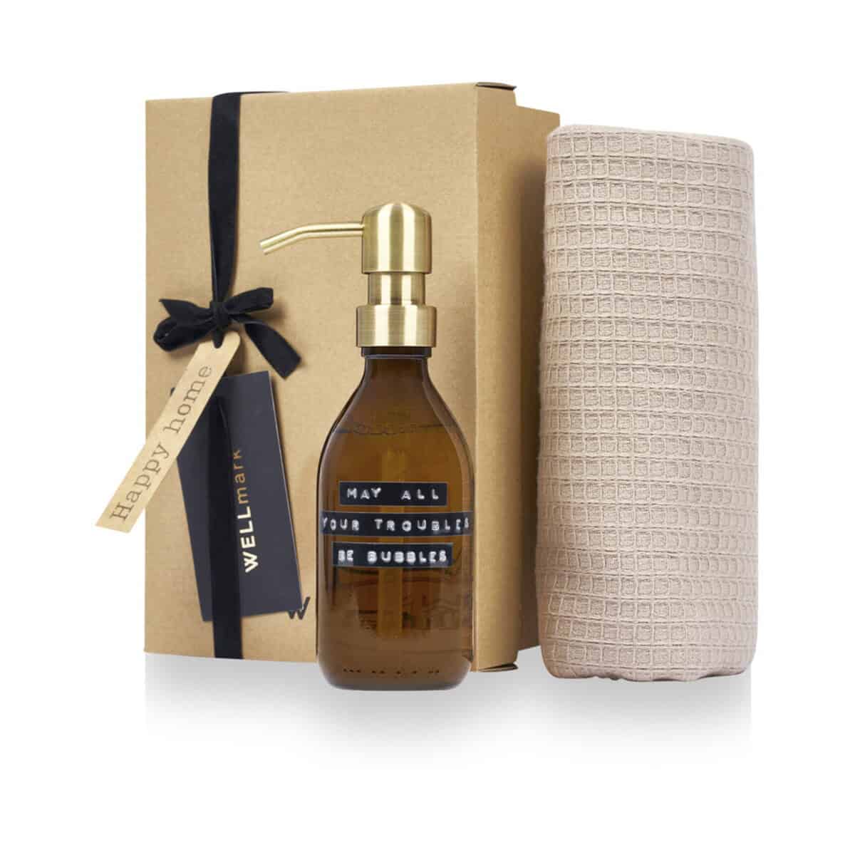 Butelka z etykietą "May all your troubles be bubbles" z ozdobnym dozownikiem, ręcznik i eleganckie opakowanie na prezent.