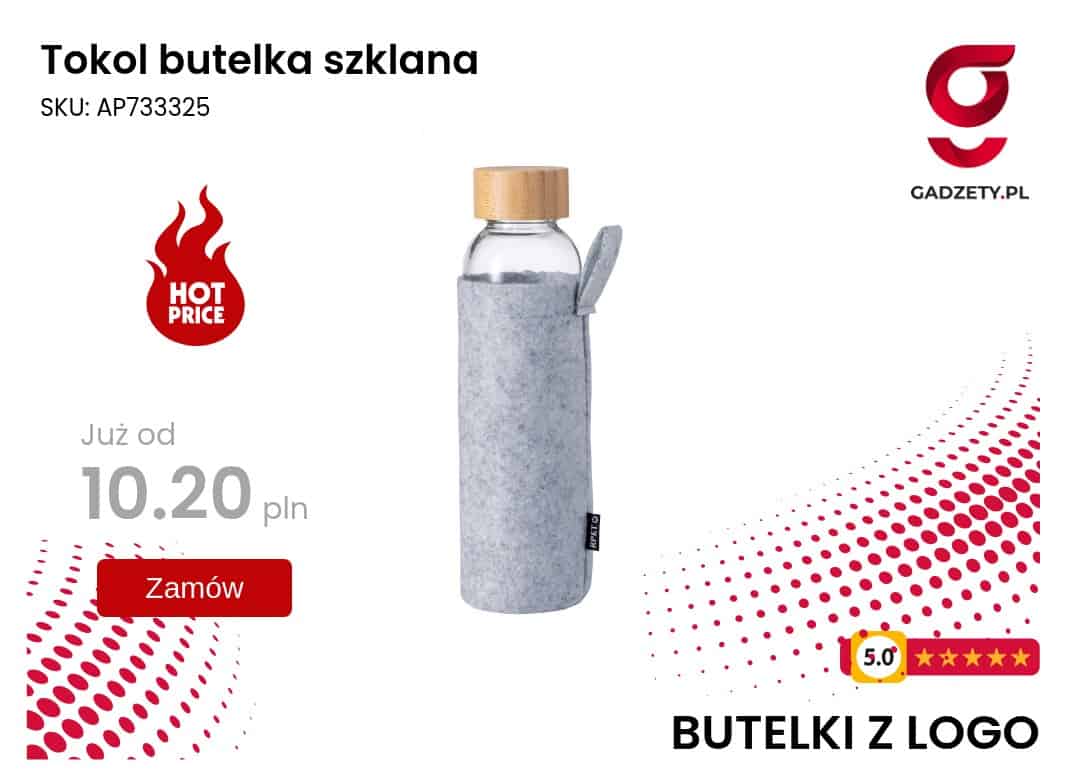 Tokol butelka szklana Ekologiczna butelka szklana z logo na wodę, idealna na prezent i promocję firmy.