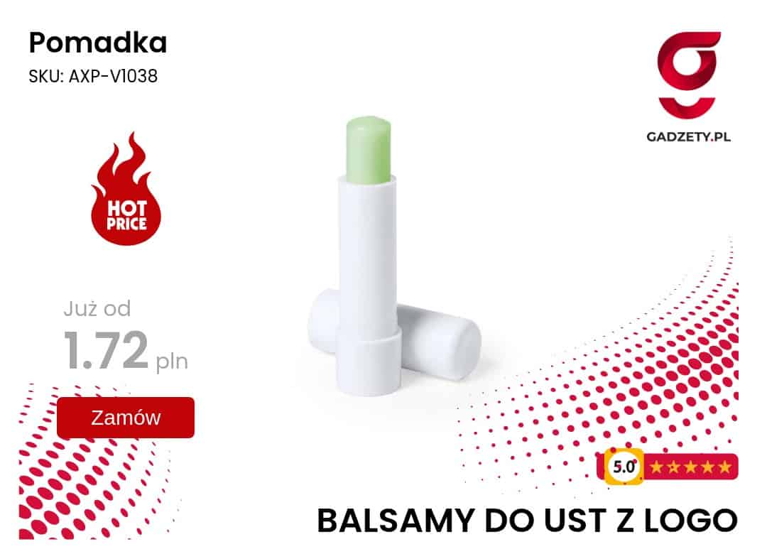 Pomadka Balsam do ust z logo reklamowe, idealny gadżet promocyjny. Personalizowany produkt do ust dla firm i promocji.