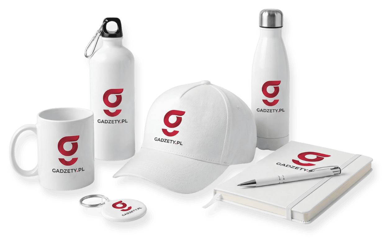 Personalizowane gadżety reklamowe z logo GADZETY.PL, prezenty firmowe, kubki, czapki, butelki, długopisy.