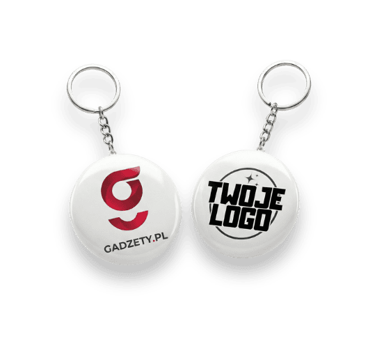 Breloczki z nadrukiem logo firmy, idealne na gadżety promocyjne i upominki.