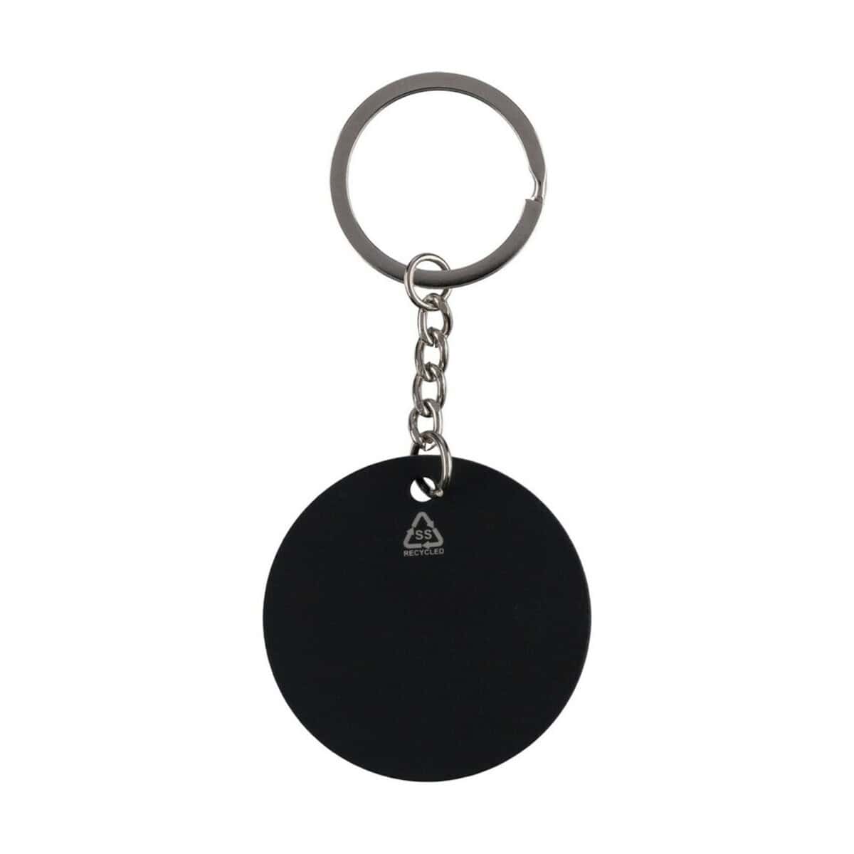 Gadżet z brelokiem na klucze. Brelok z czarnym, okrągłym gadżetem na klucze, idealny na prezent.