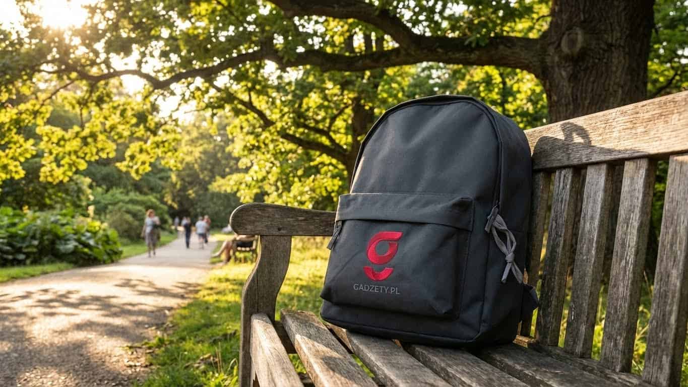 Torba na laptopa z logo Gadzety.pl na ławce w parku.