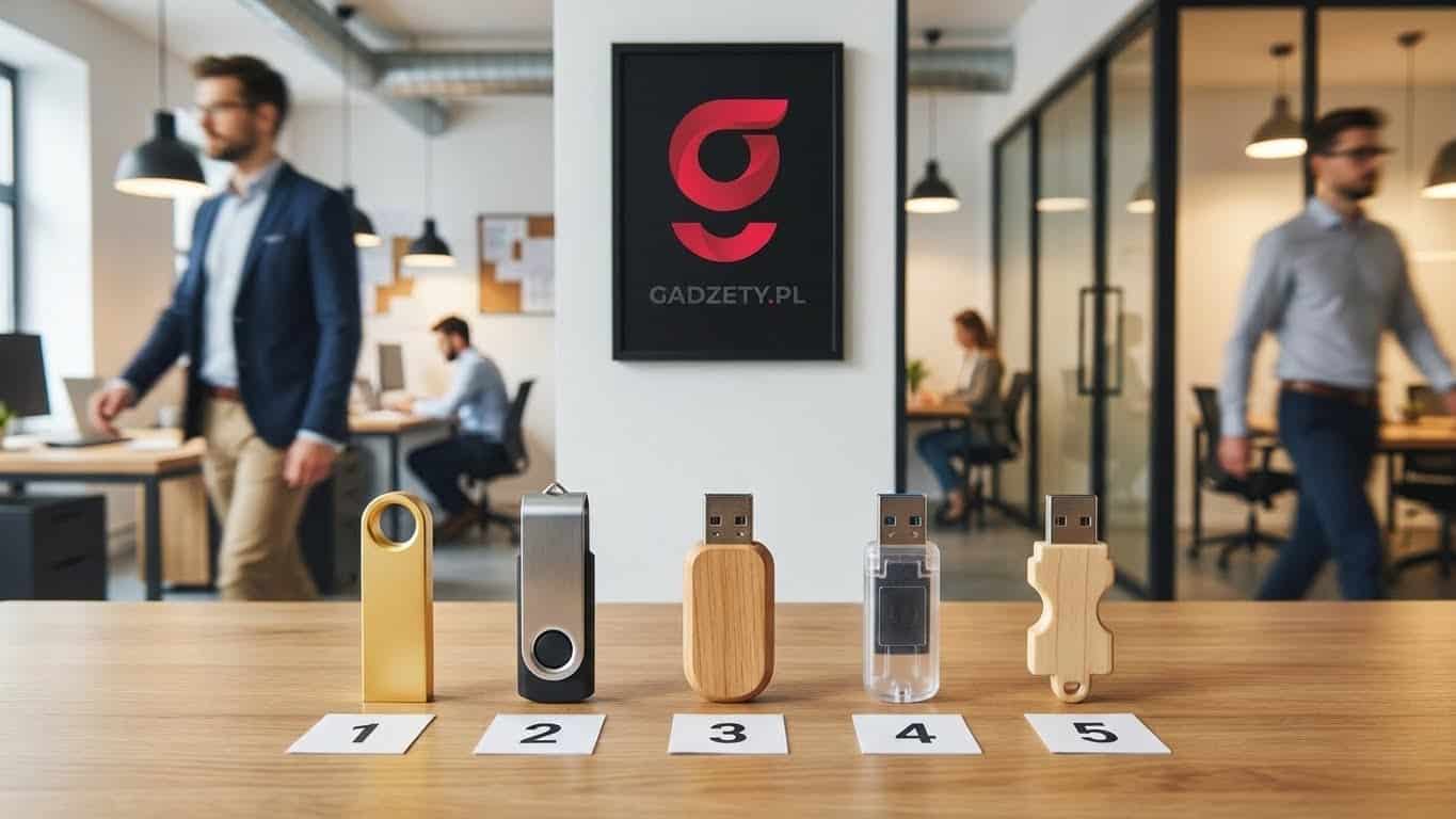 Zestaw różnorodnych gadżetów promocyjnych na biurko, idealnych do personalizacji.