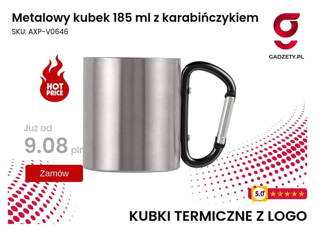 Metalowy kubek 185 ml z karabińczykiem Metalowy kubek termiczny z logo i karabińczykiem, idealny na podróże i codzienne użytkowanie.