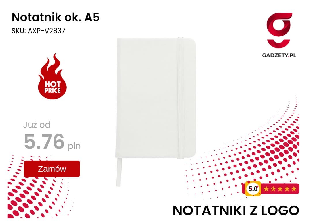 Notatnik ok. A5 Biały notatnik z logo, idealny do biura i szkoły.