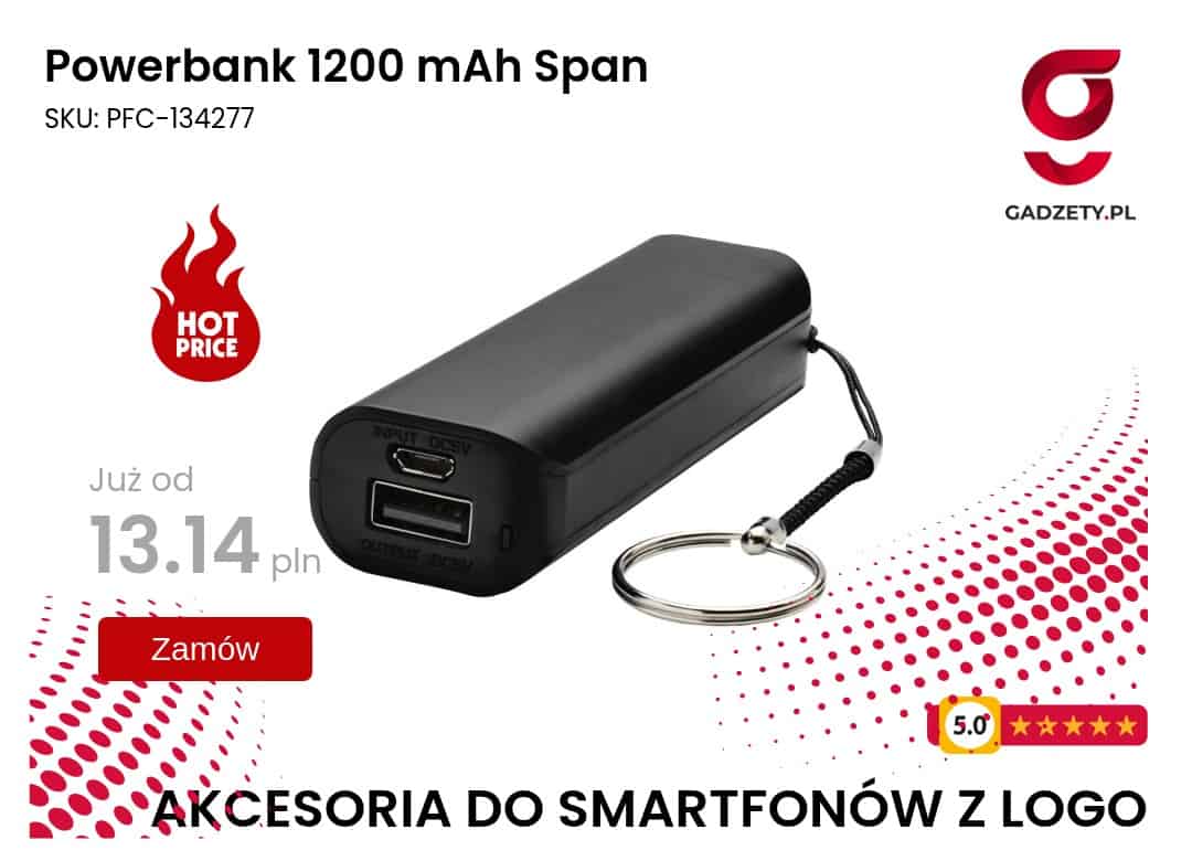 Powerbank 1200 mAh Span Powerbank 1200 mAh z logo, przenośna ładowarka do smartfonów z logo firmy.