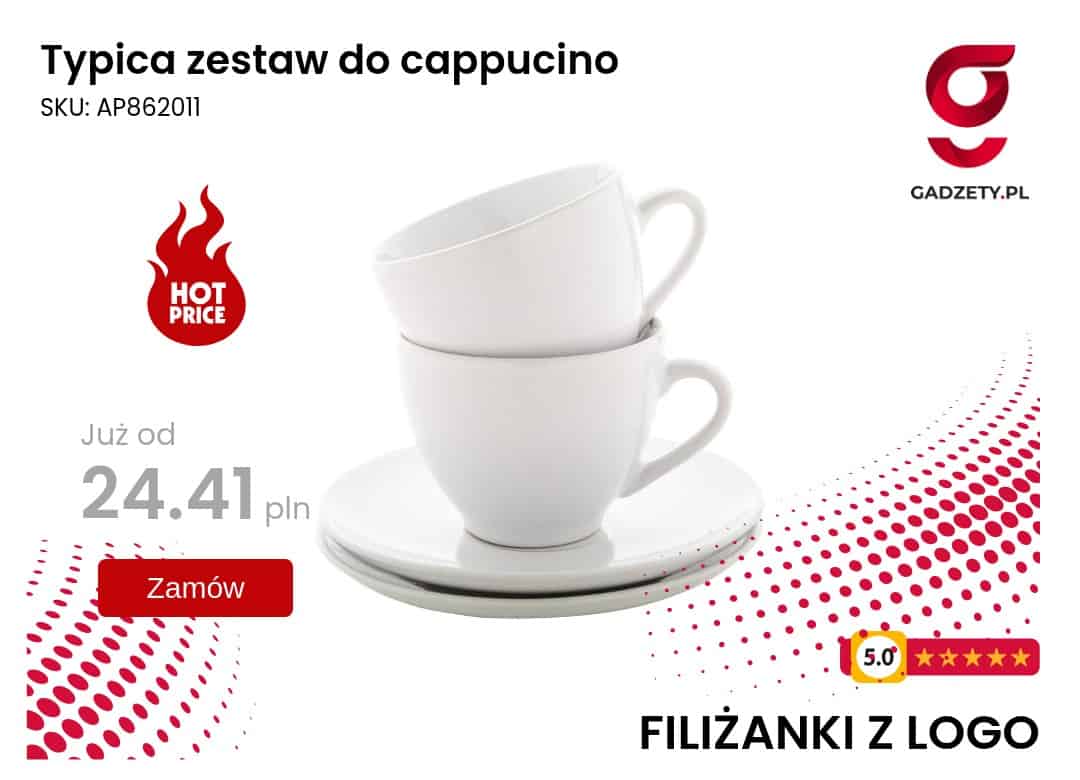 Typica zestaw do cappucino Gadżety, kubki z logo, zestaw do cappuccino, filiżanki z nadrukiem.