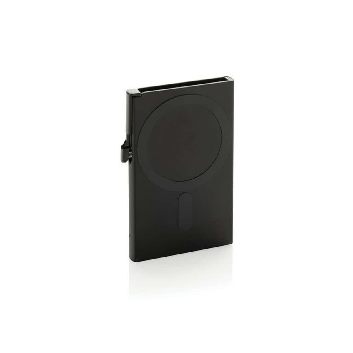 Przenośny powerbank z logo Przenośny powerbank z logo na czarnej obudowie, idealny do ładowania urządzeń mobilnych w podróży.