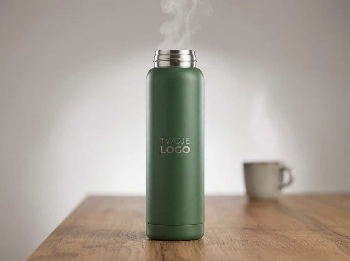 Termos z logo na prezent, termiczny kubek na gorące napoje.